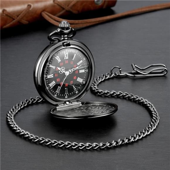 Pocket Watch Roman Numerals Scale Quartz with Chain Fathers Day Birthday Gift - Picture 2 of 6
